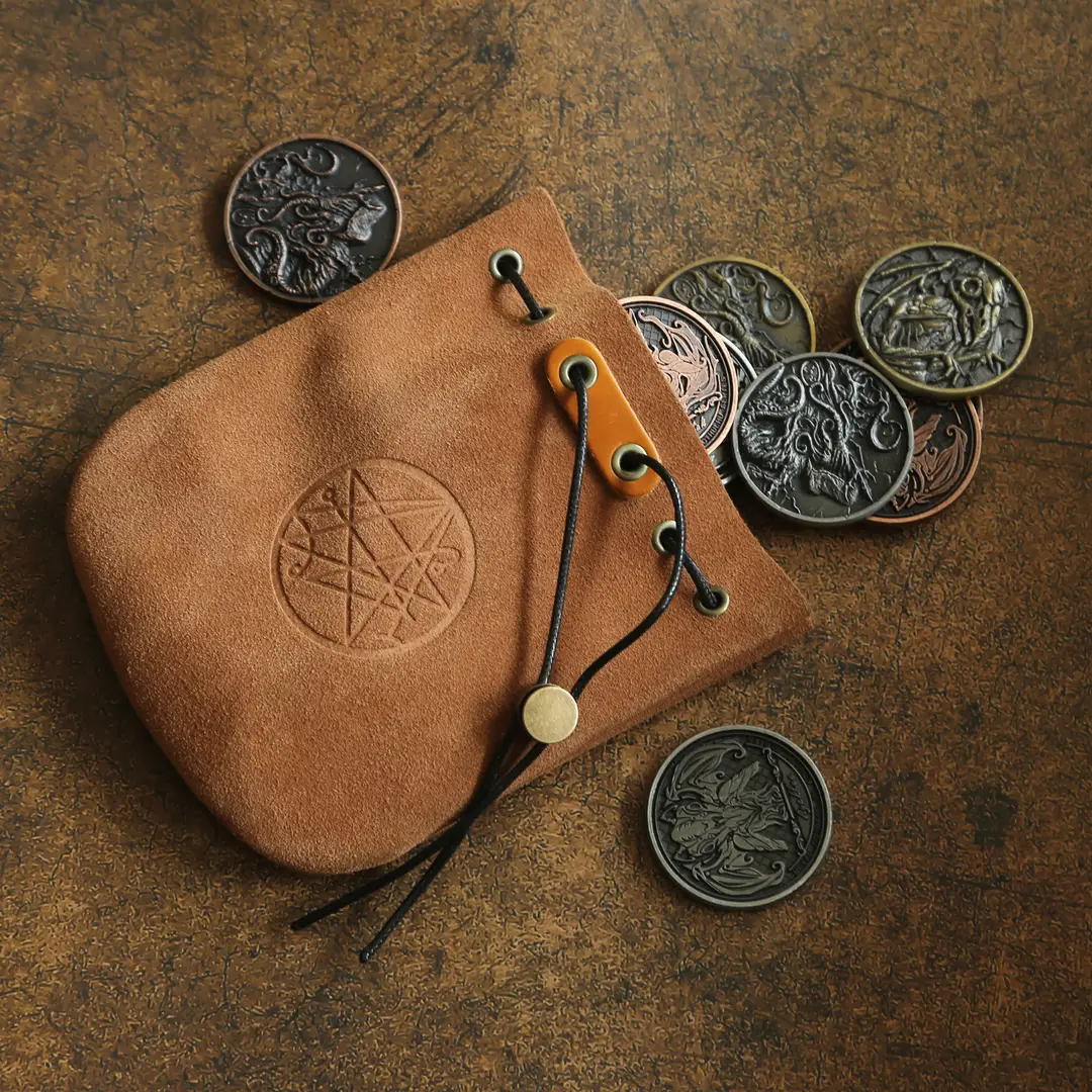 Lovecraftian Drawstring Suede Pouch - Tan